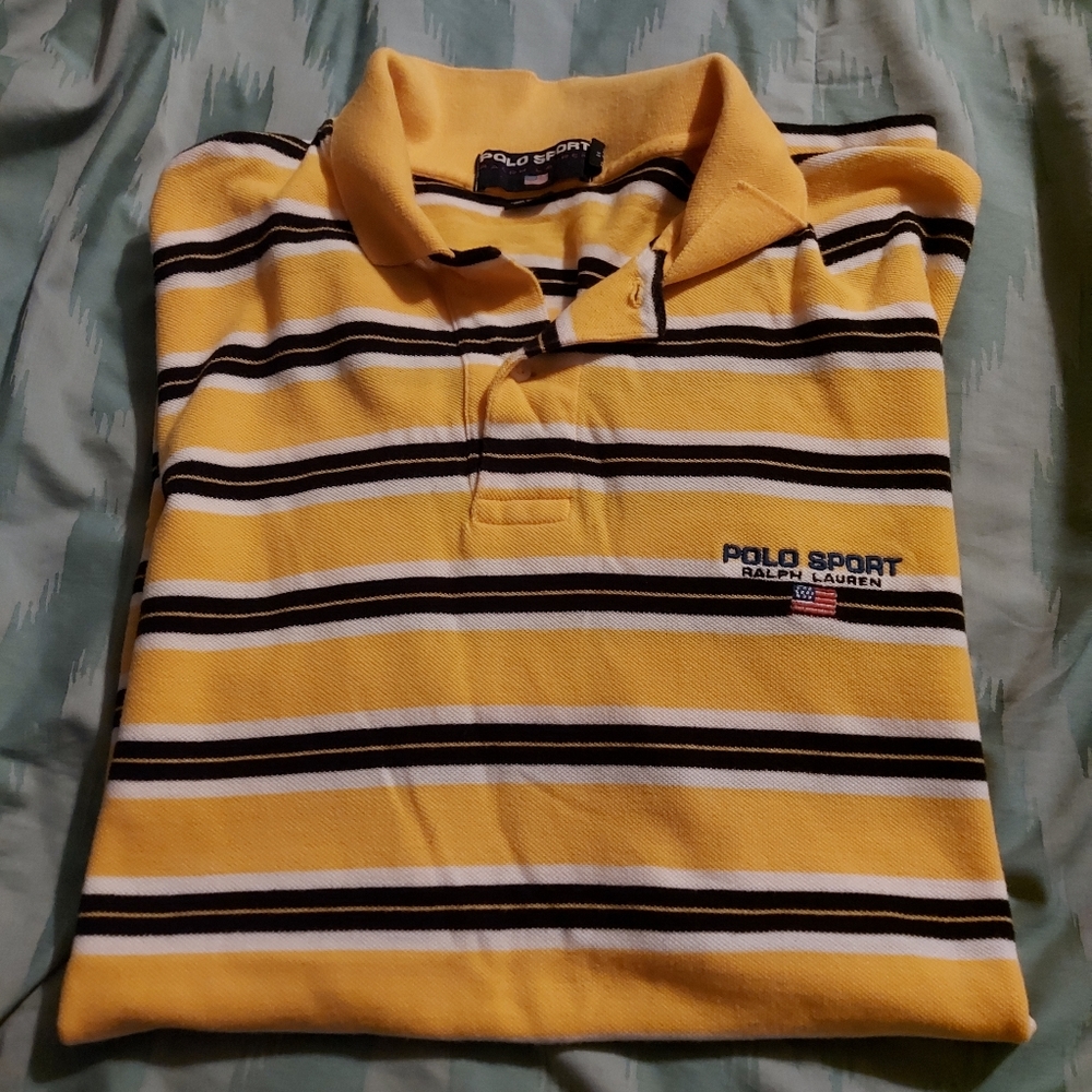 VTG Polo Sport Ralph Lauren XL Black & Yellow Striped‎ Short Sleeve Polo Shirt
